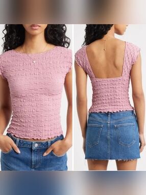 NWT BP Pink Textured Open Back Knit Top In Pink Prince Size Medium Cap Sleeves